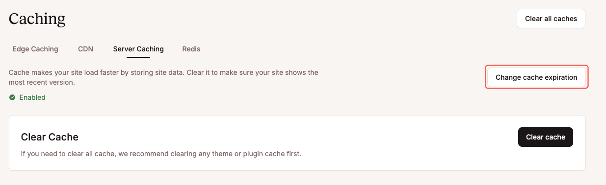 Option Modifier l'expiration du cache dans MyKinsta