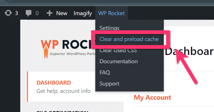 Menu WP Rocket pour vider le cache de WordPress
