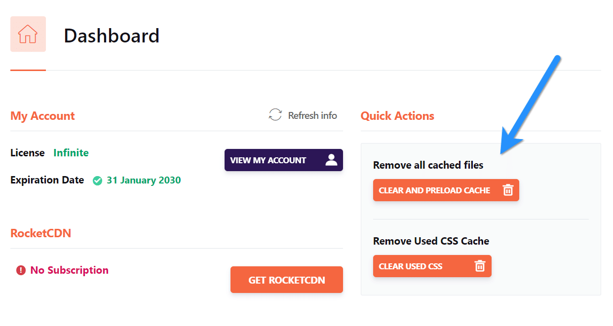 Vider le cache de WordPress dans le tableau de bord de WP Rocket