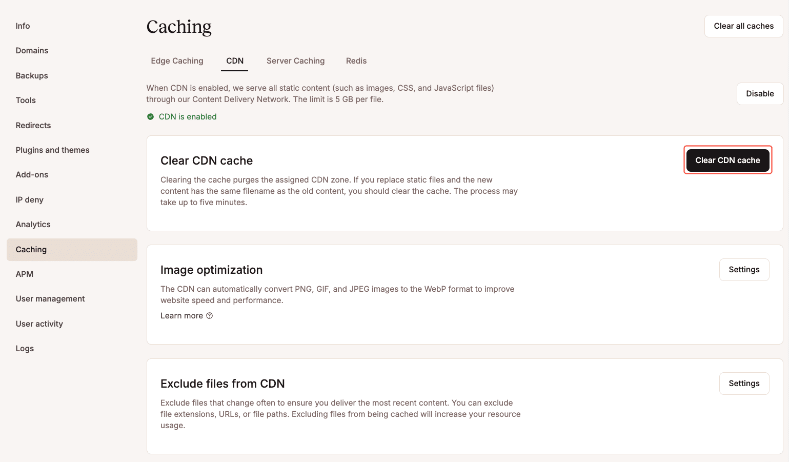 Appuyez sur le bouton Vider le cache CDN