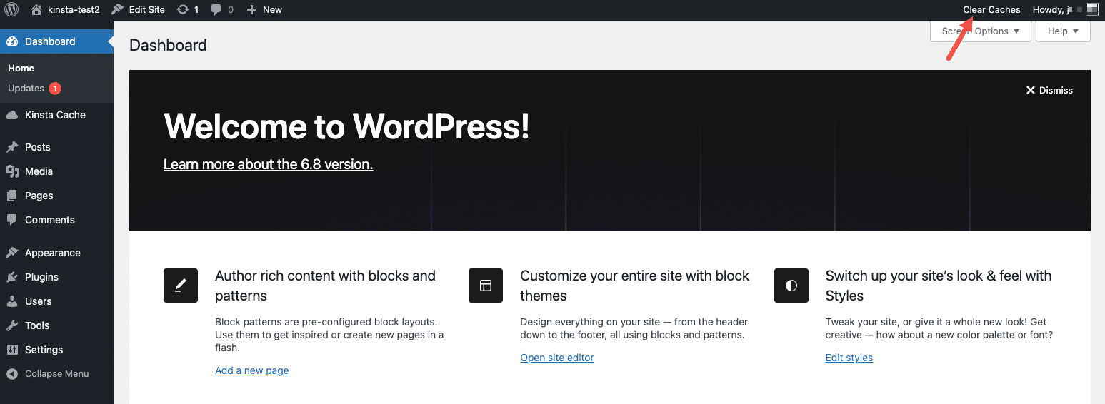 Bouton Vider les caches dans le tableau de bord de WordPress.