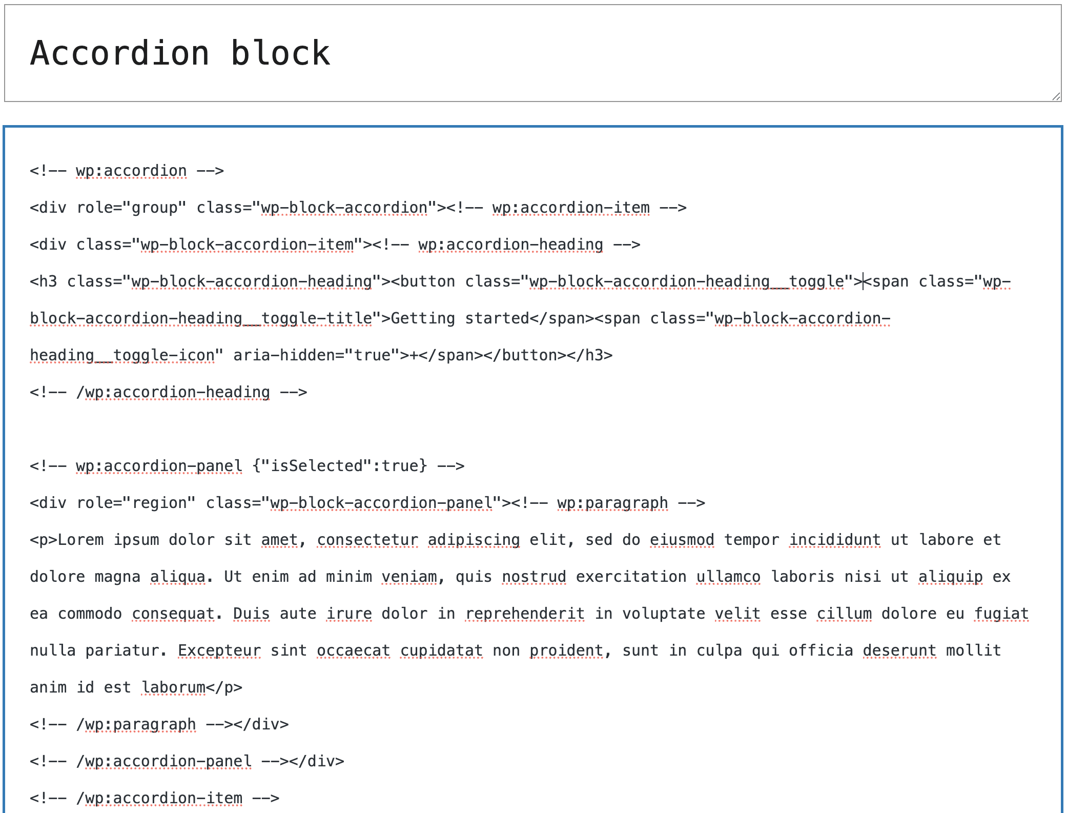 An Accordion block in the code editor.