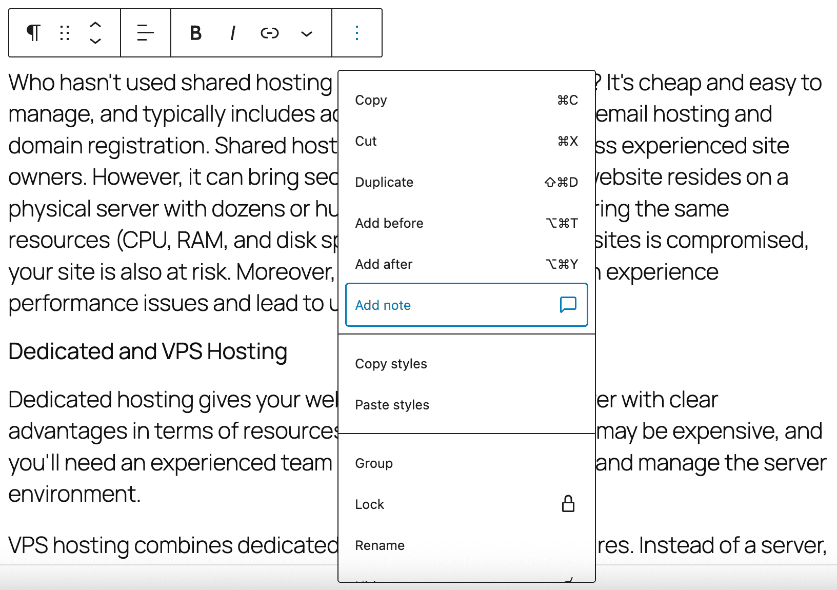 A new Add Note item appears in the Options menu of the block toolbar.