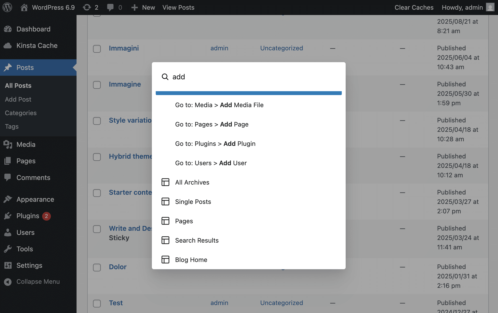 The Command palette in the Posts screen