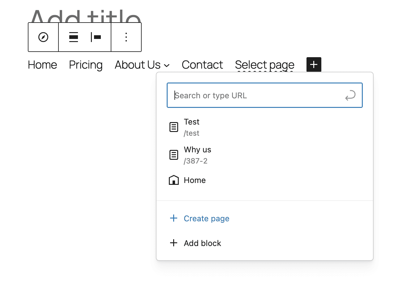 Create Page from the Navigation block's Link UI