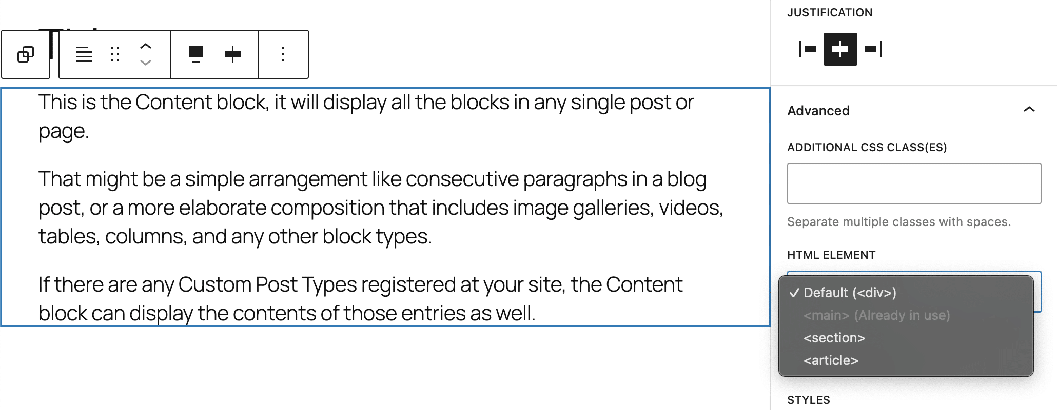 HTML element option for the Post Content block
