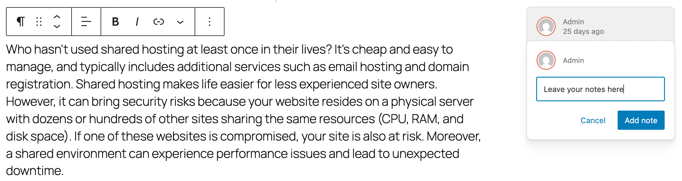 Adding a note to a block in WordPress 6.9