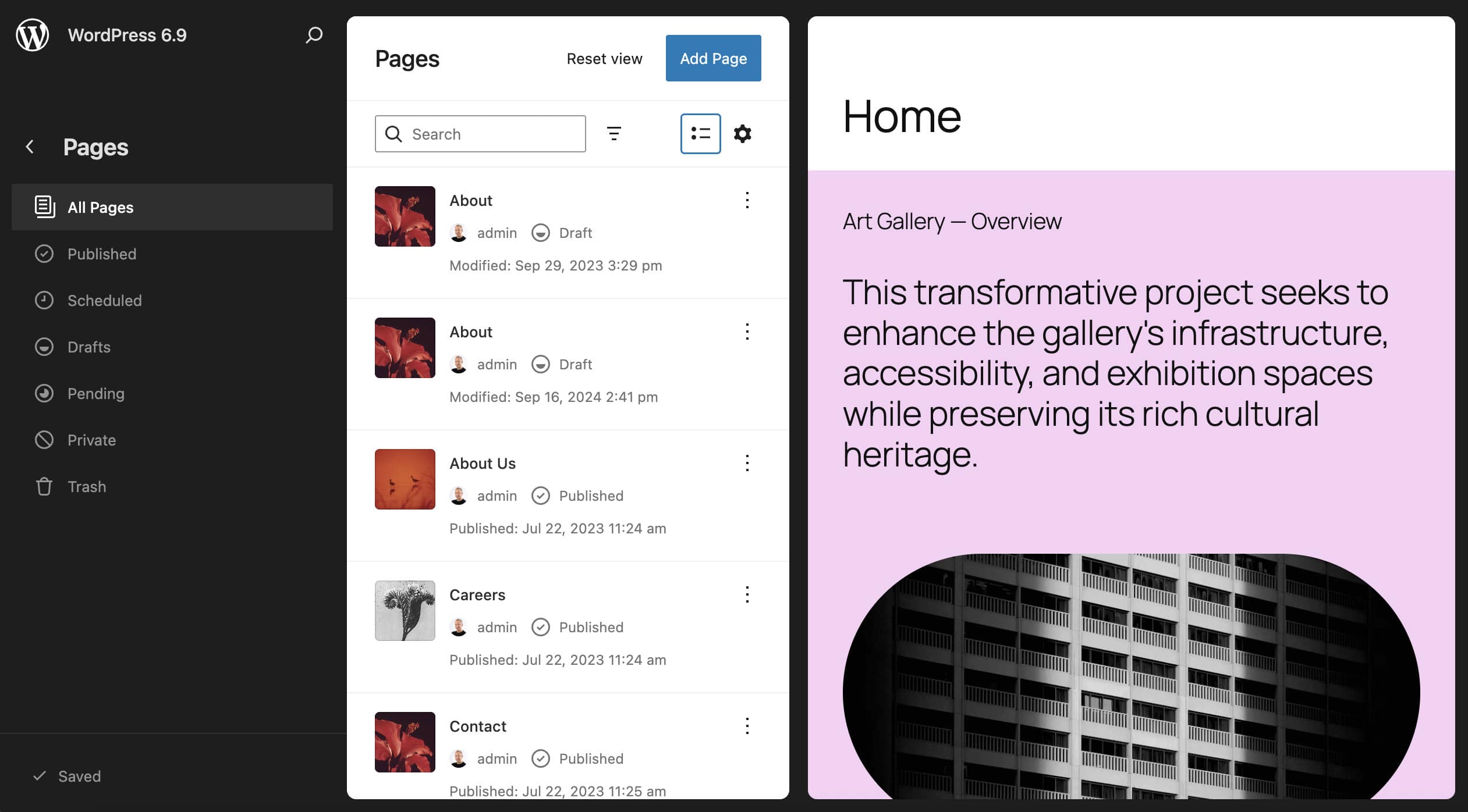 Pages section in List layout in the Site Editor