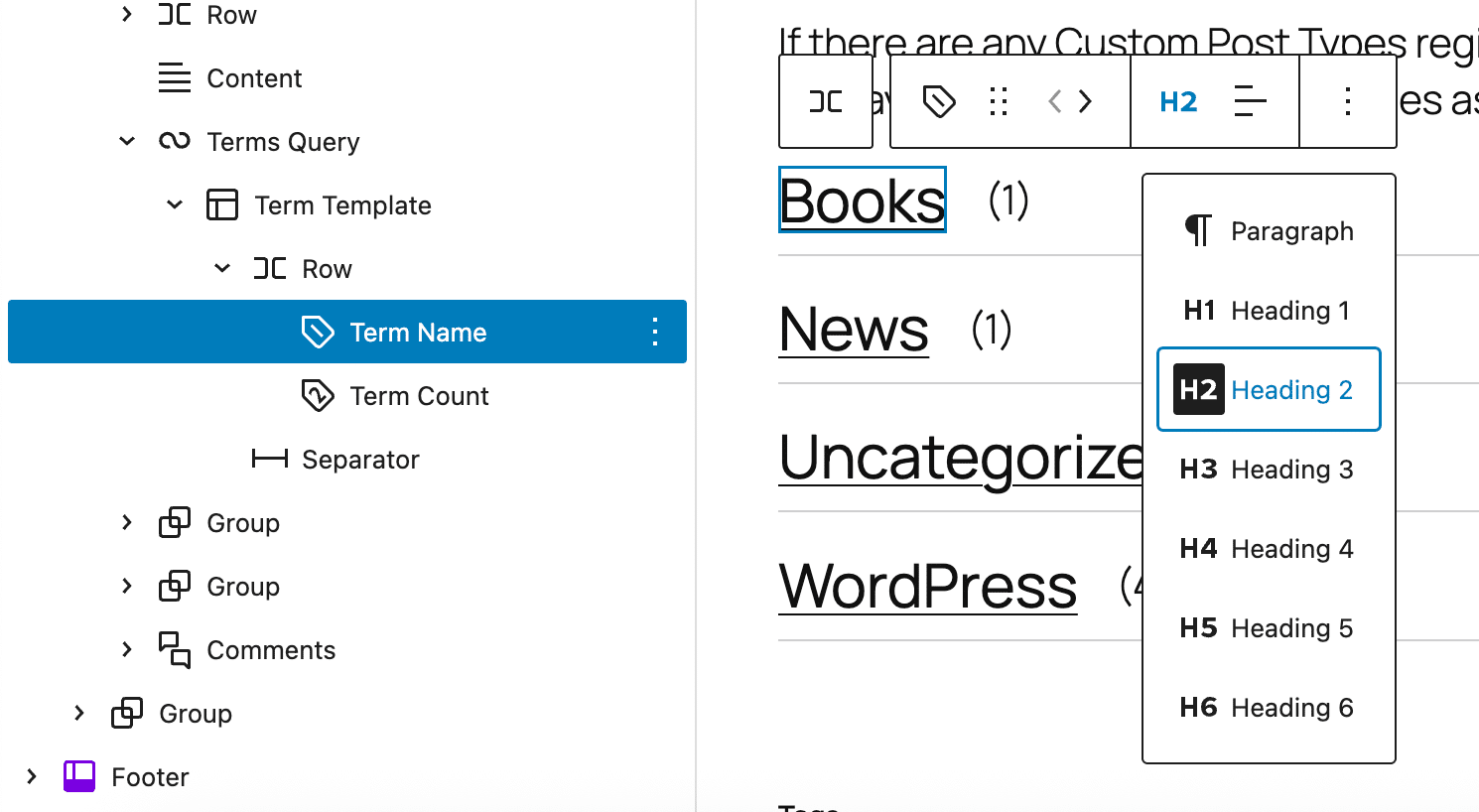 Customizing the Terms Query block