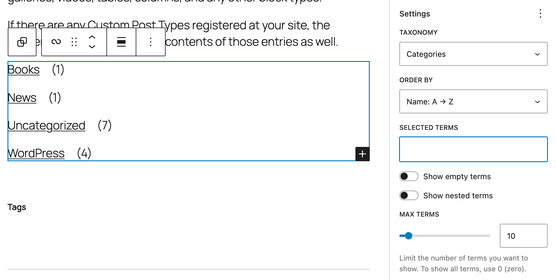 Terms Query block settings
