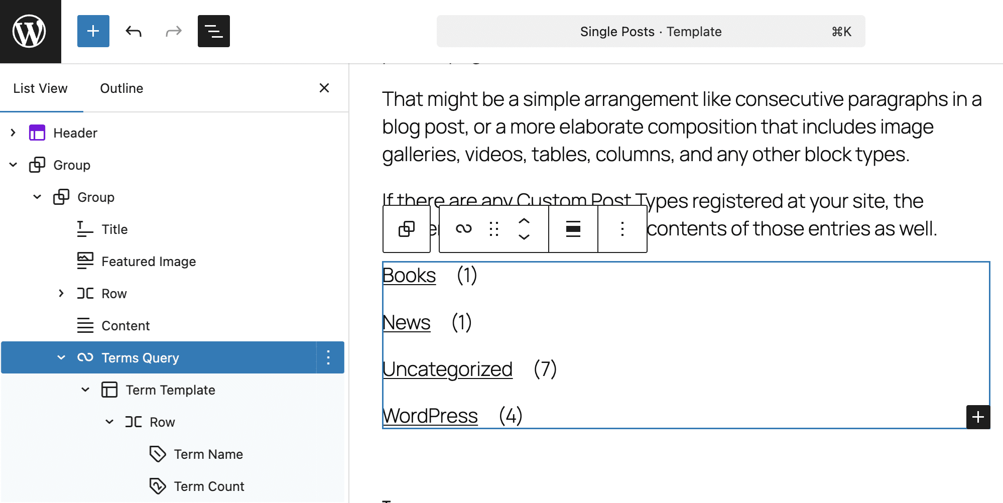 Terms Query block structure