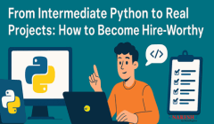 Illustration of a person sitting at a desk with a laptop displaying the Python logo, a clipboard with checkmarks, and a large Python logo on the left. The text reads: “From Intermediate Python to Real Projects: How to Become Hire-Worthy.” The image promotes advancing Python skills to build real-world projects and improve employability.
