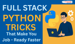 Naresh i Technologies banner promoting Full Stack Python Tricks that help students become job-ready faster. Features a student working on a laptop with the Python logo and gears in the background.