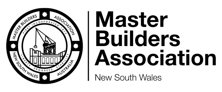 Master Builders Association New South Wales logo, featuring a circular emblem with construction imagery and text on the left, and the organization name on the right.