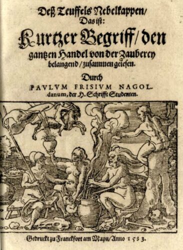 Frontispiz mit Darstellung eines Sabbaths von 1583, Hans Baldung Grien nachempfunden.