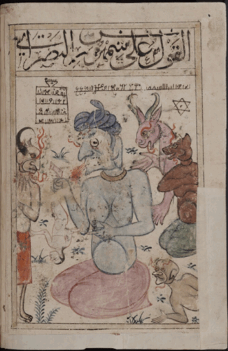 Aus dem Kitāb al-Bulhān. Beschreibung: Composite manuscript in Arabic of divinatory works, dating principally from the late 14th century A.D. Oxford, Bodleian Library MS. Bodl. Or. 133; fol. 32b. Abrufbar unter: https://digital.bodleian.ox.ac.uk/objects/5c9da286-6a02-406c-b990-0896b8ddbbb0/.