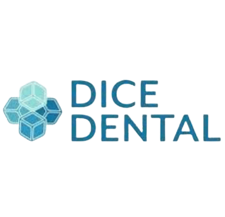 Logo of Dice Dental featuring three overlapping cubes on the left and the text "DICE DENTAL" in blue on the right.