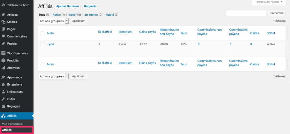Onglet "Affiliés"