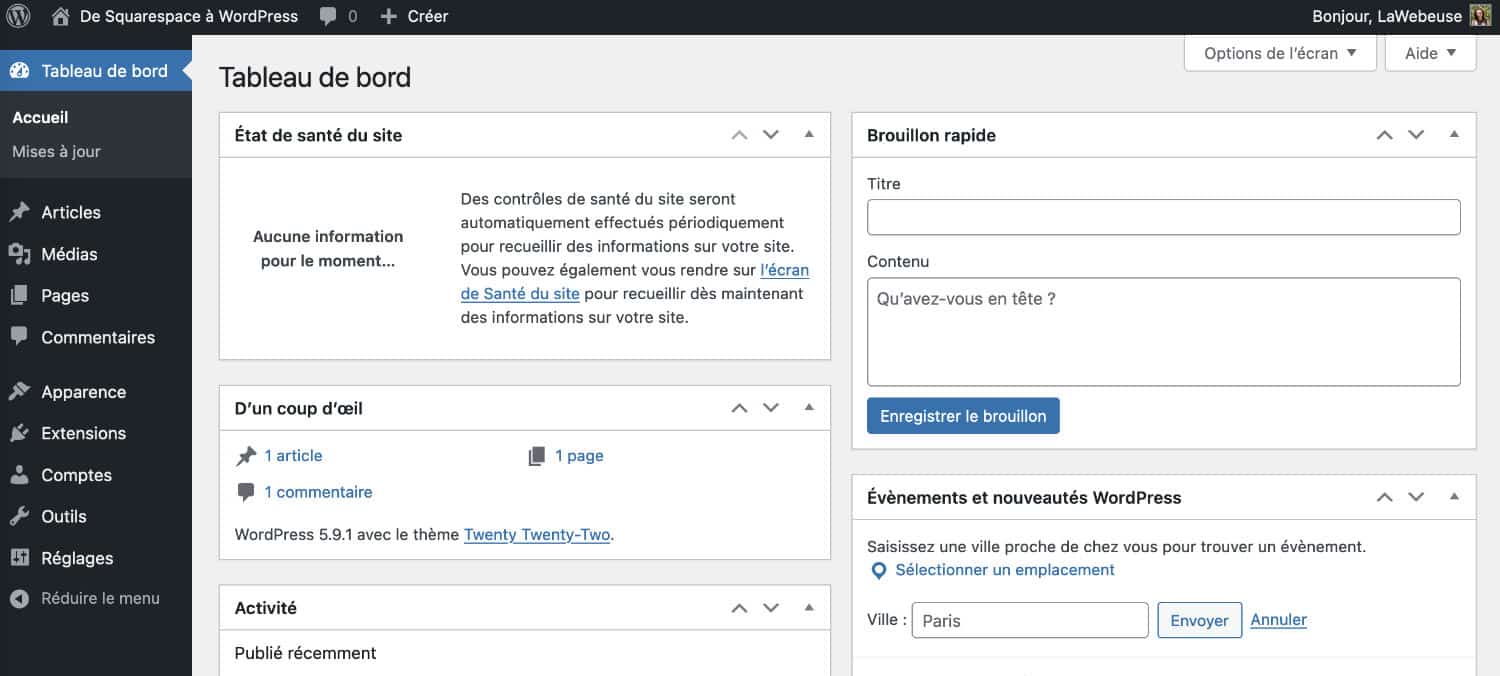 Tableau de bord WordPress