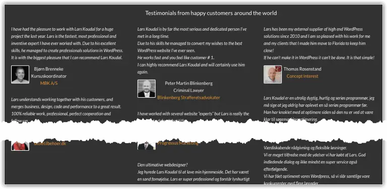 Testimonials - built with Advanced Custom Fields and a few lines of code.