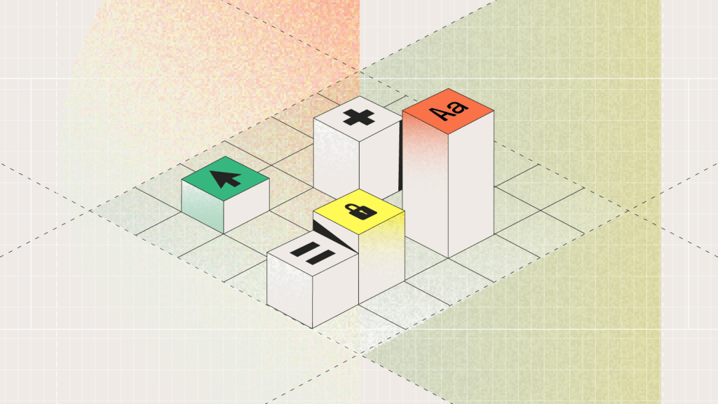 Isometric illustration of stacked cubes on a grid, each labeled with UI symbols like a cursor, lock, pause, plus, and text (Aa), representing building blocks of digital interface elements