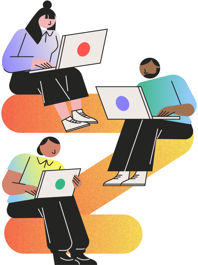 Illustration of three people sitting on a stylized orange and yellow staircase, each working on a laptop, representing collaboration or remote work.