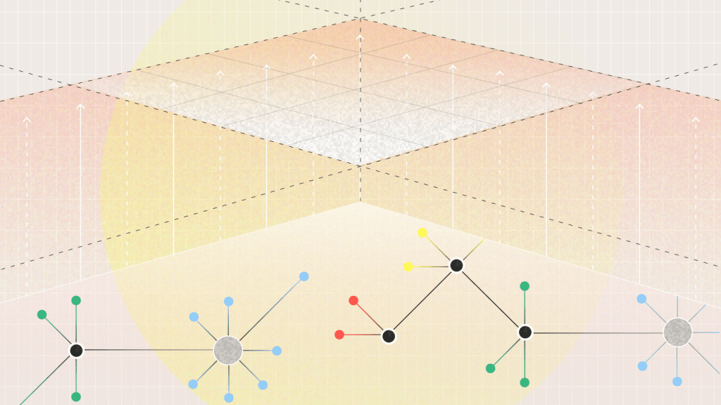 Illustration of interconnected nodes and networks below a raised transparent platform, with upward-pointing arrows indicating data or signal transmission from various clusters toward a shared central space