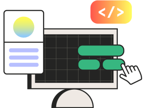 Illustration of a desktop monitor displaying a dark interface with green horizontal bars being selected by a hand cursor, accompanied by a profile card on the left and a code symbol above