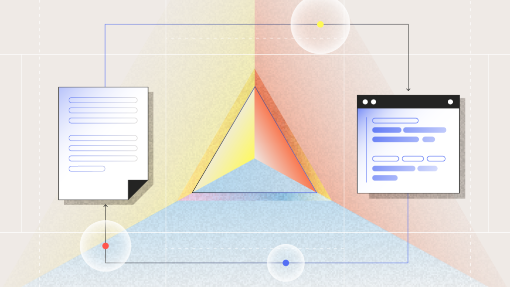 Abstract illustration showing a triangular prism at the center with arrows connecting a document on the left and a digital interface on the right