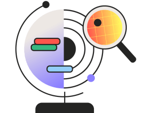 Illustration of a stylized globe with concentric circles, data bars on one side, and a magnifying glass highlighting a point