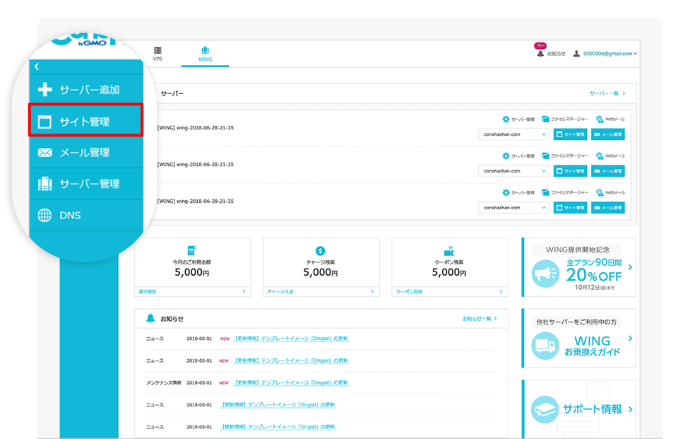 ConohaWINGのコントロールパネル