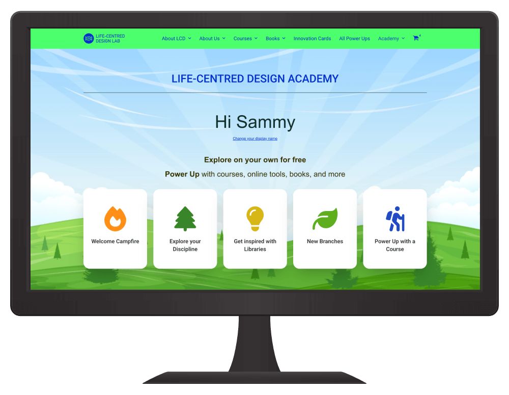 Members-LCD-Dashboard-Sep25-6-1 A monitor displaying the Life-centred Design Academy with access to learning, inspiration, tools, and more resources