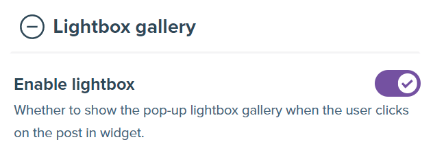 Screenshot showing Lightbox gallery section with the switch to enable the modal.