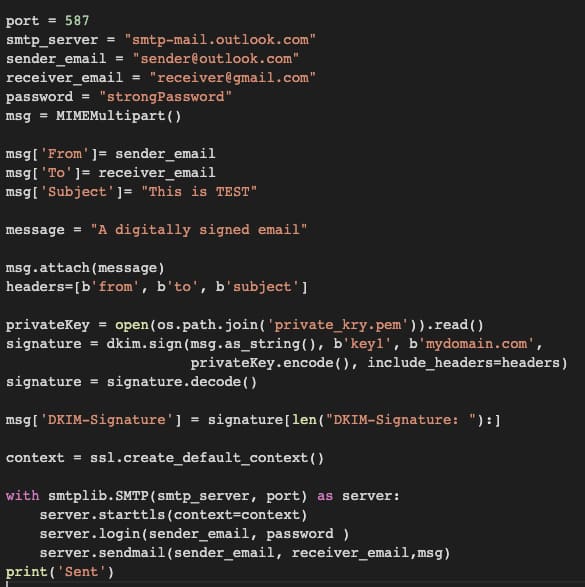DKIM signed mail using Python