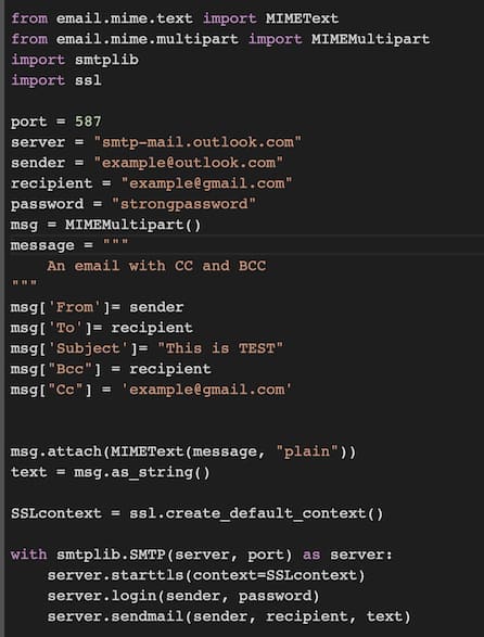 Python specify CC and BCC in email