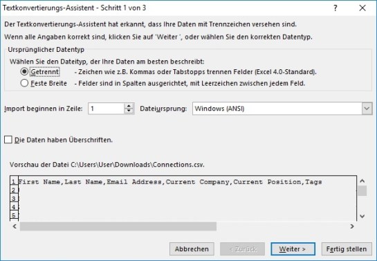Wie öffne ich den LinkedIn Kontakte Datenexport mit Excel 2
