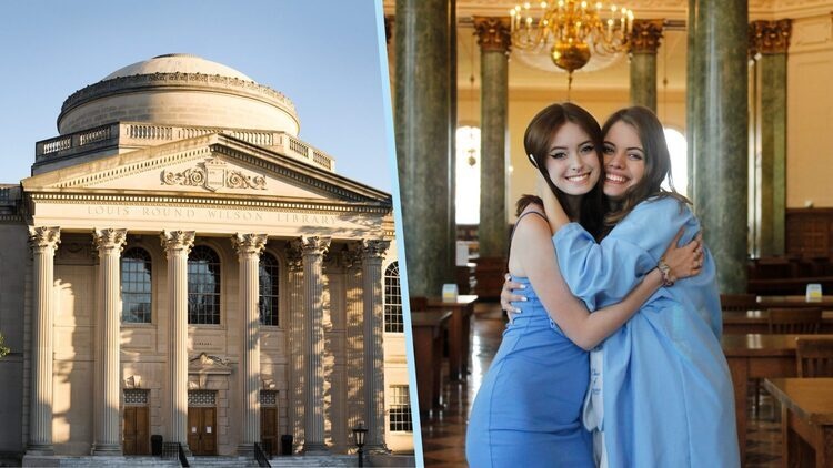 Split screen with Wilson Library exterior on left and students posing in a reading room on the right.