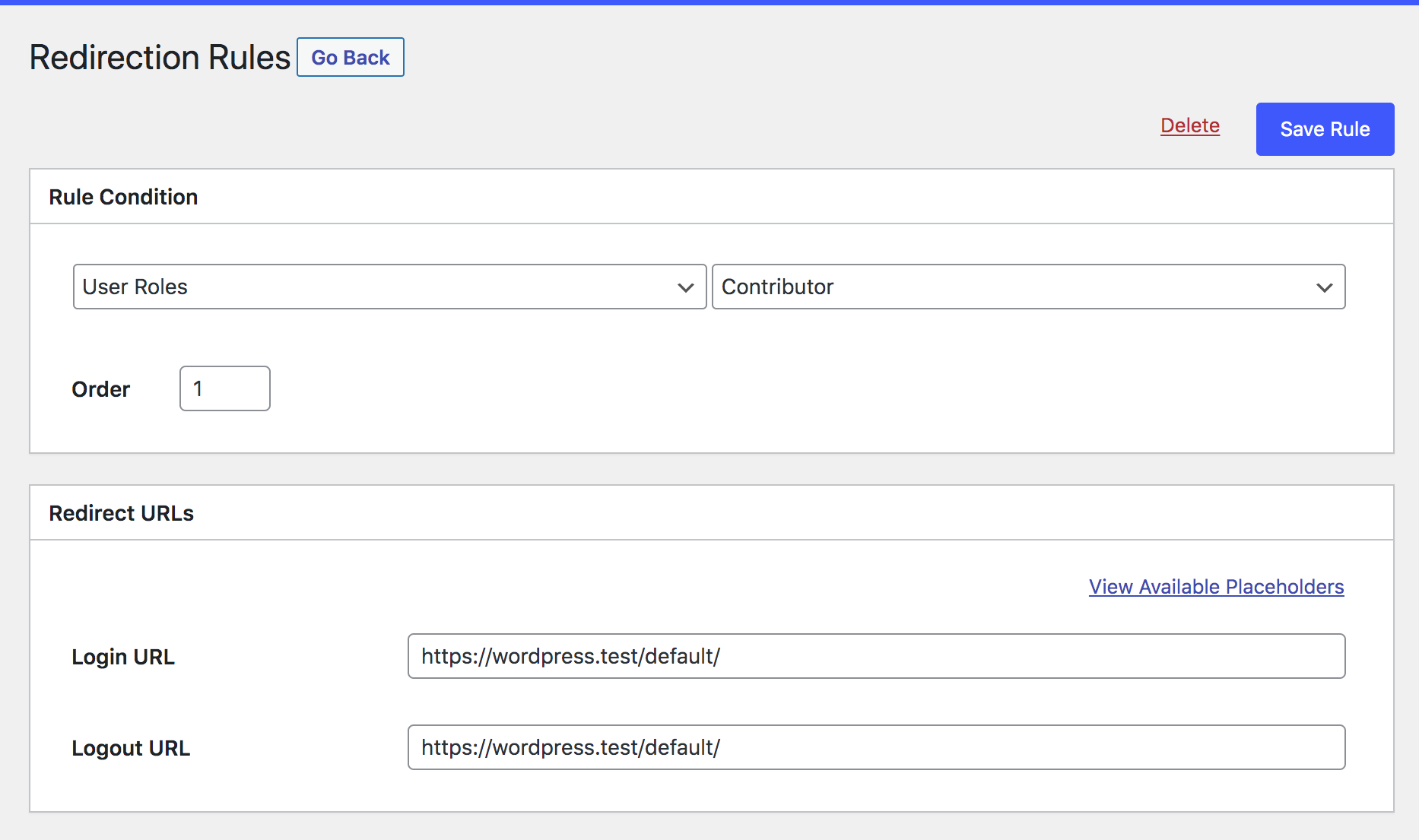 login-redirect-rule-edit-screen