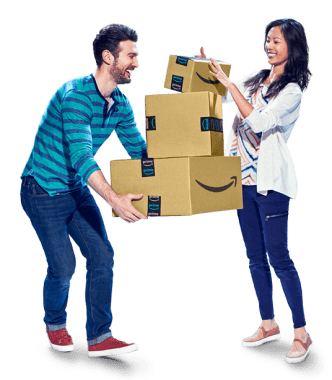Man and woman holding a stack of Amazon boxes to ship