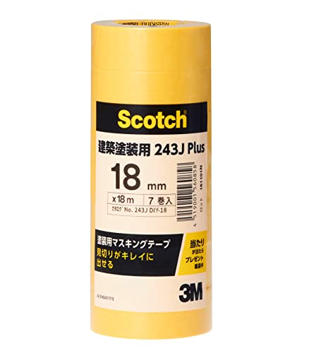 スリーエム(3M) 塗装用マスキングテープ 建築塗装用 7巻入り 黄色 18mm×18m 243J Plus スリーエム(3M) 塗装用マスキングテープ 建築塗装用 7巻入り 黄色 18mm×18m 243J Plus