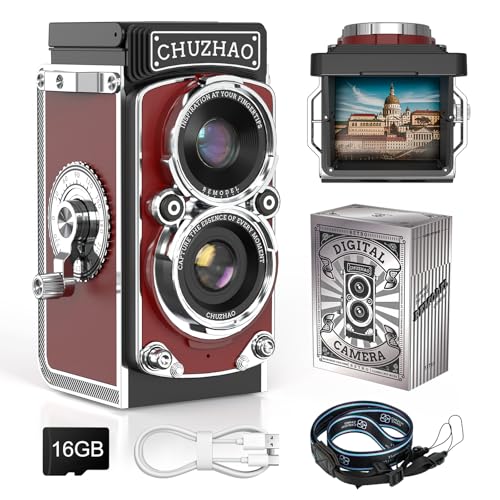 CHUZHAO レトロカメラ デジカメ レトロ 1080P 動画・写真機能 12MPオートフォーカス 1.54インチ画面 16GBカード ポータブルTLRスタイル 二眼レフトイカメラ 大人向け ブログ/旅行/初心者/カメラマニア向け(日本語説明書、ストラップ付き)(赤色)
