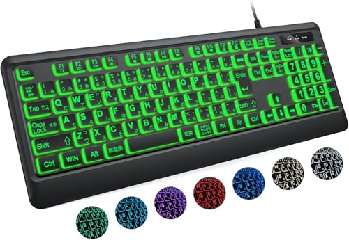 DHKBL 大きめの文字のバックライト付きキーボード - 7つの交換可能なバックライトカラー、静かなUSB有線コンピューターキーボード、折りたたみ式スタンド、有線フルサイズキーボード Windows、PC、ノートパソコン用 DHKBL 大きめの文字のバックライト付きキーボード - 7つの交換可能なバックライトカラー、静かなUSB有線コンピューターキーボード、折りたたみ式スタンド、有線フルサイズキーボード Windows、PC、ノートパソコン用