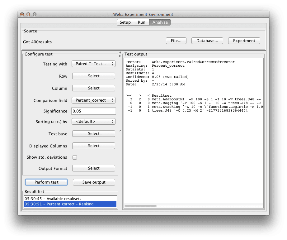 Make Better Predictions with Boosting, Bagging and Blending Ensembles in Weka Algorithm ranking when analyzing results in the Weka Experimenter