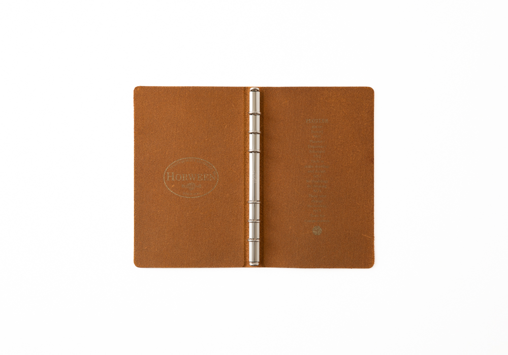 The inside of the Predator Amber leather binder is screen printed with the Horween Leather Company logo.