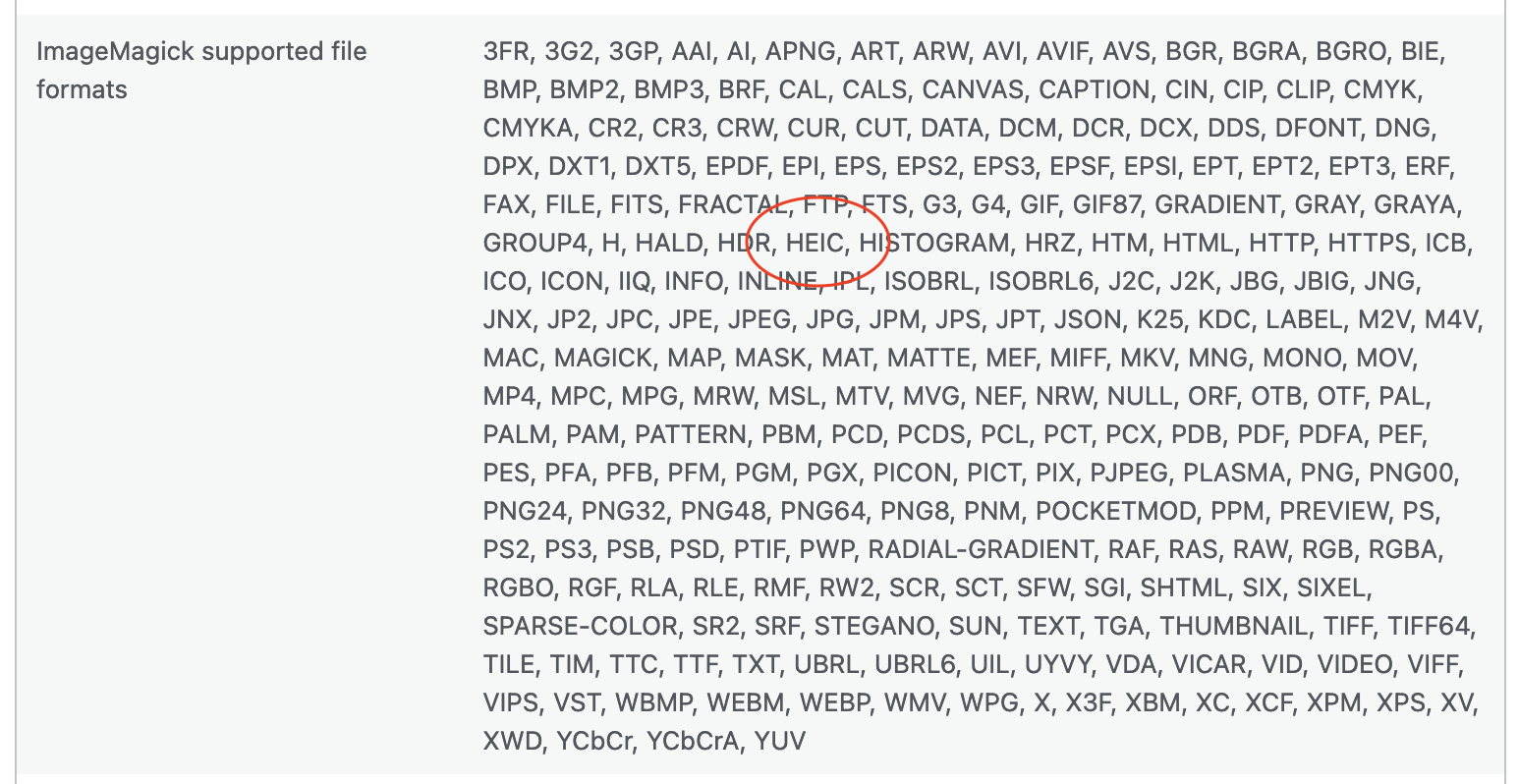 Screenshot of the 'ImageMagick supported file formats' field in WordPress