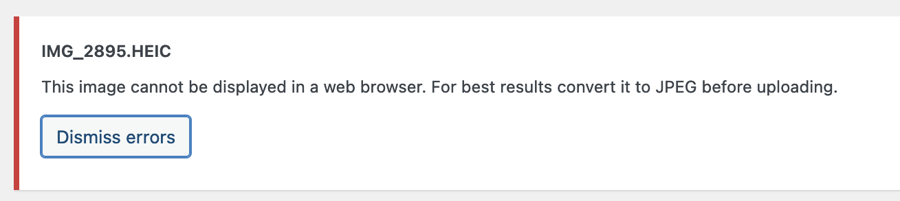 Screenshot of an error message in WordPress informing the user that the image cannot be displayed in a browser