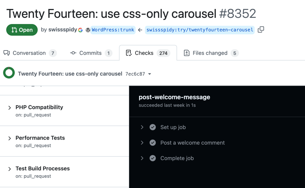 Screenshot of the "Checks" page for an individual GitHub pull request.
