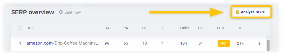 KWFinder - button for SERPChecker above the SERP overview table