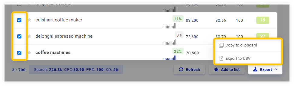 KWFinder - exporting keywords from the main Suggestions table
