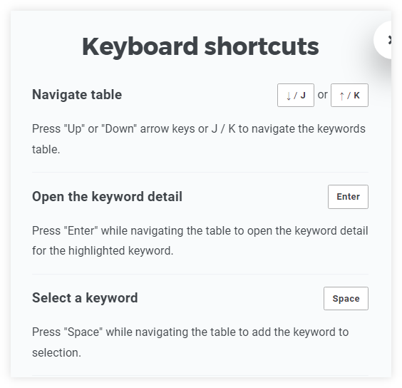 KWFinder - modal window with keyboard shortcut descriptions